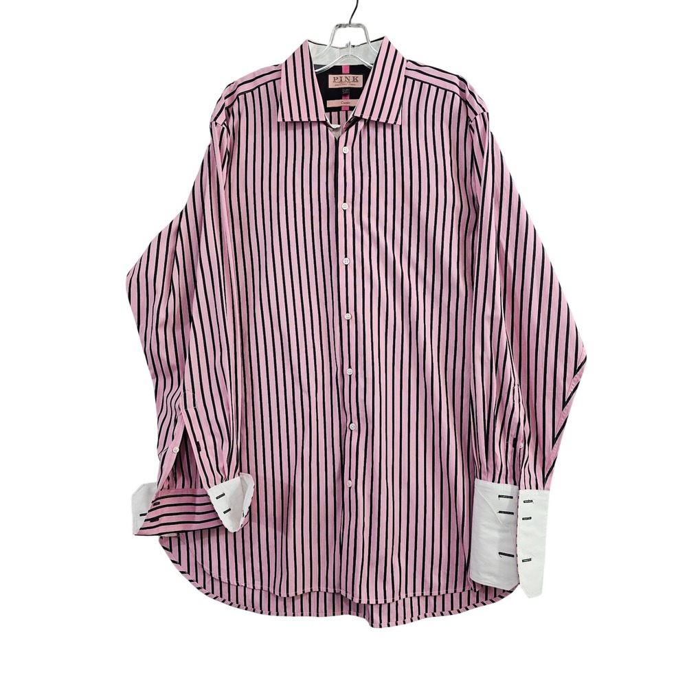 Thomas Pink Button Down Shirt 17.5 35.5 Pink Striped Classic French Cuff Dressy